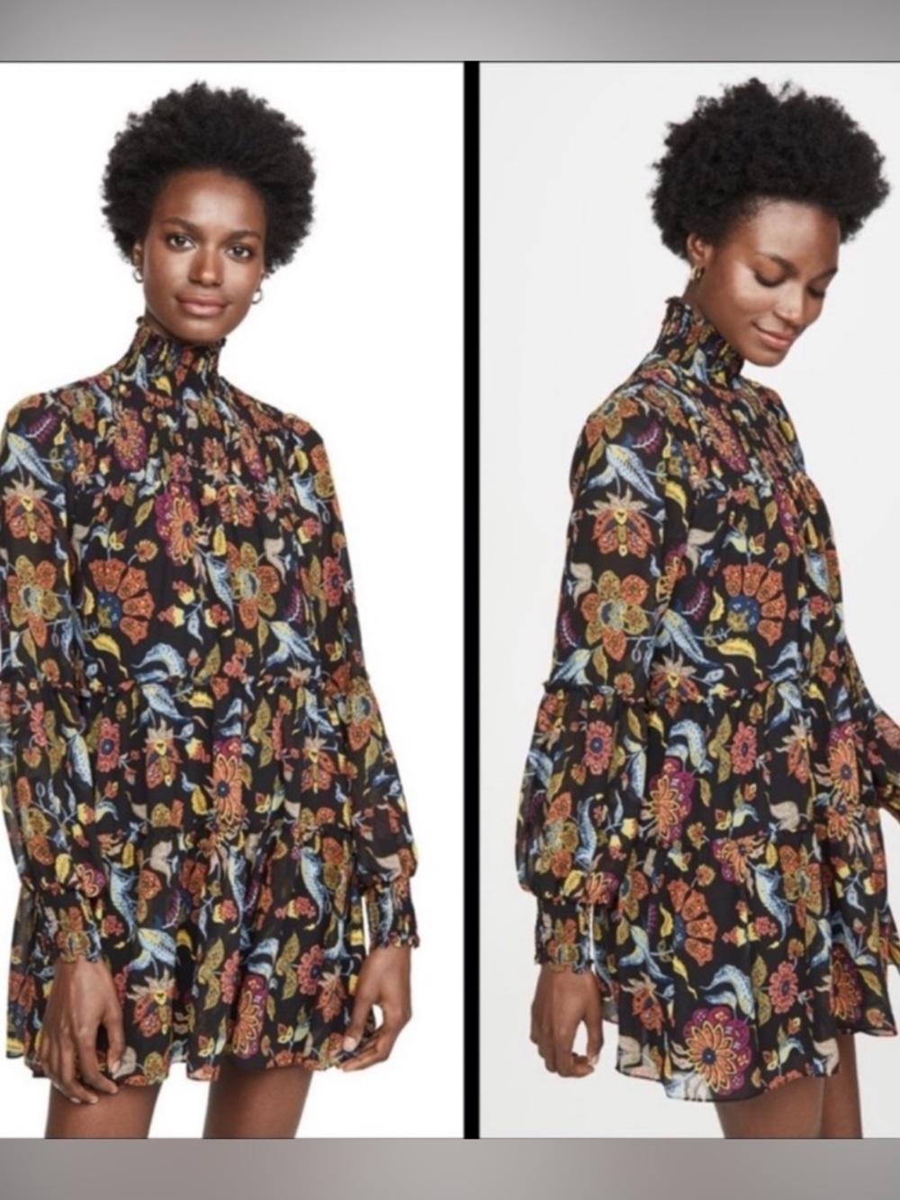 Cinq a Sept Roma long sleeve floral high neck dress size 0 multicolor black